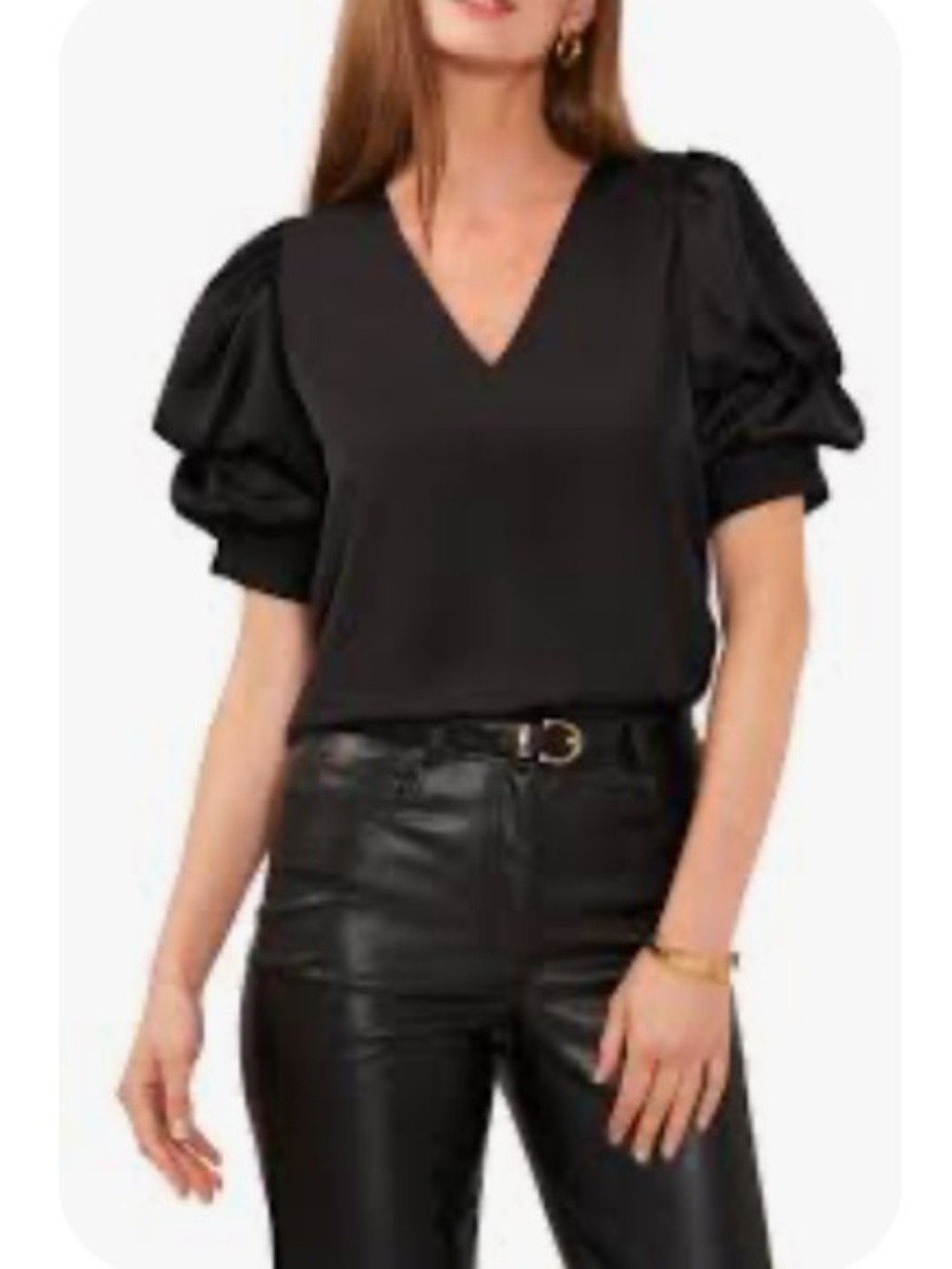 1.STATE Tulip Toile Rich Black V-Neck Puff Sleeve Top Blouse Medium NWT